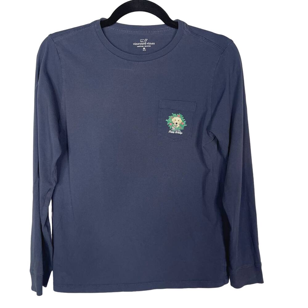 Vineyard Vines Boys Medium 12-14 Blue Familys Best Friend Long Sleeve Pocket Tee